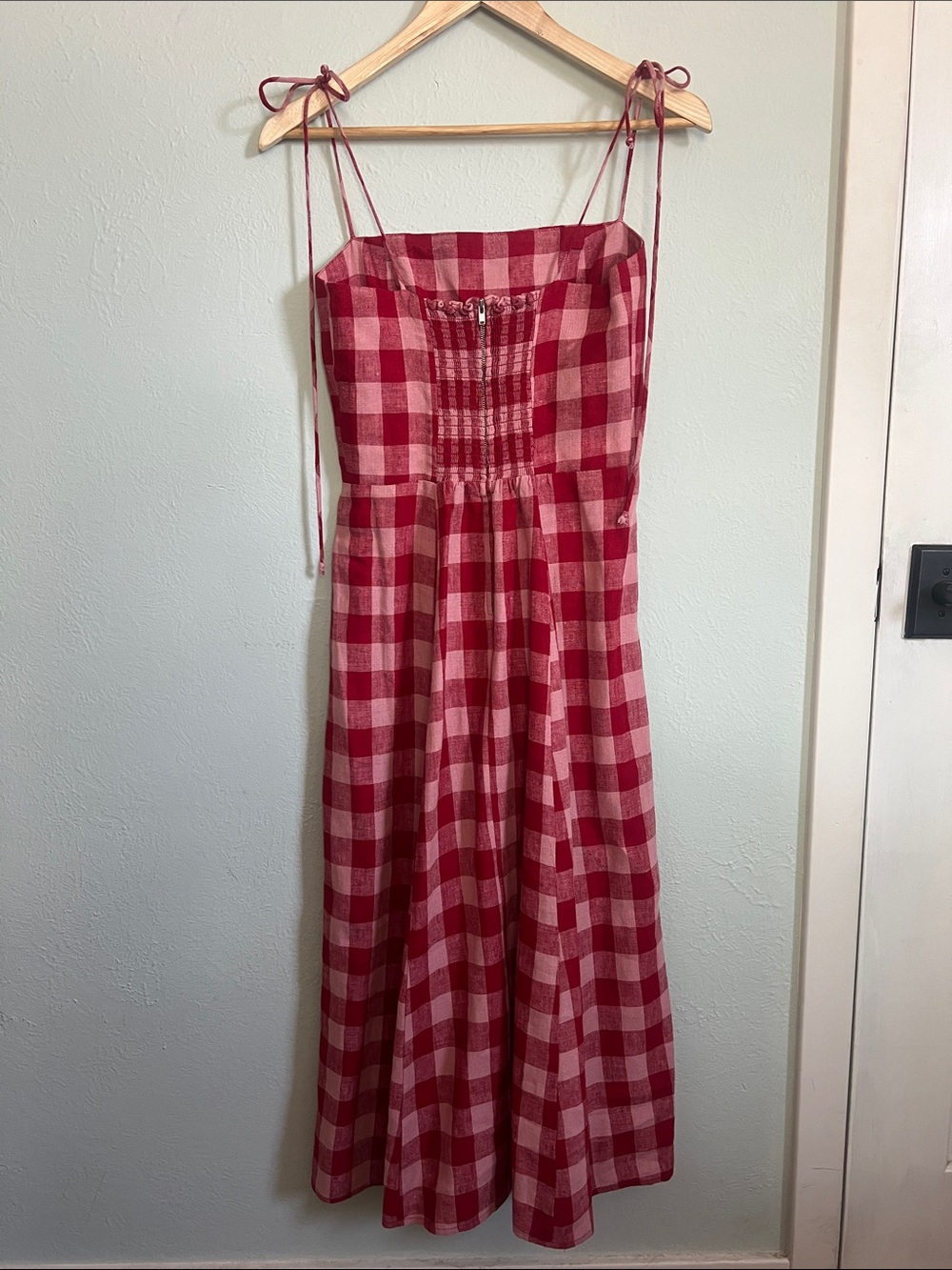 Reformation Christen midi dress size 4 red pink gingham linen - Picture 7 of 9